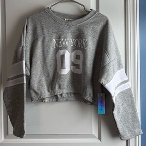 Derek Hear Stripe Sleeve New York Cropped Sweatshirt